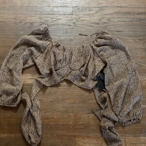 Japna Tan Speckled Puff-Sleeve Tie Crop Top